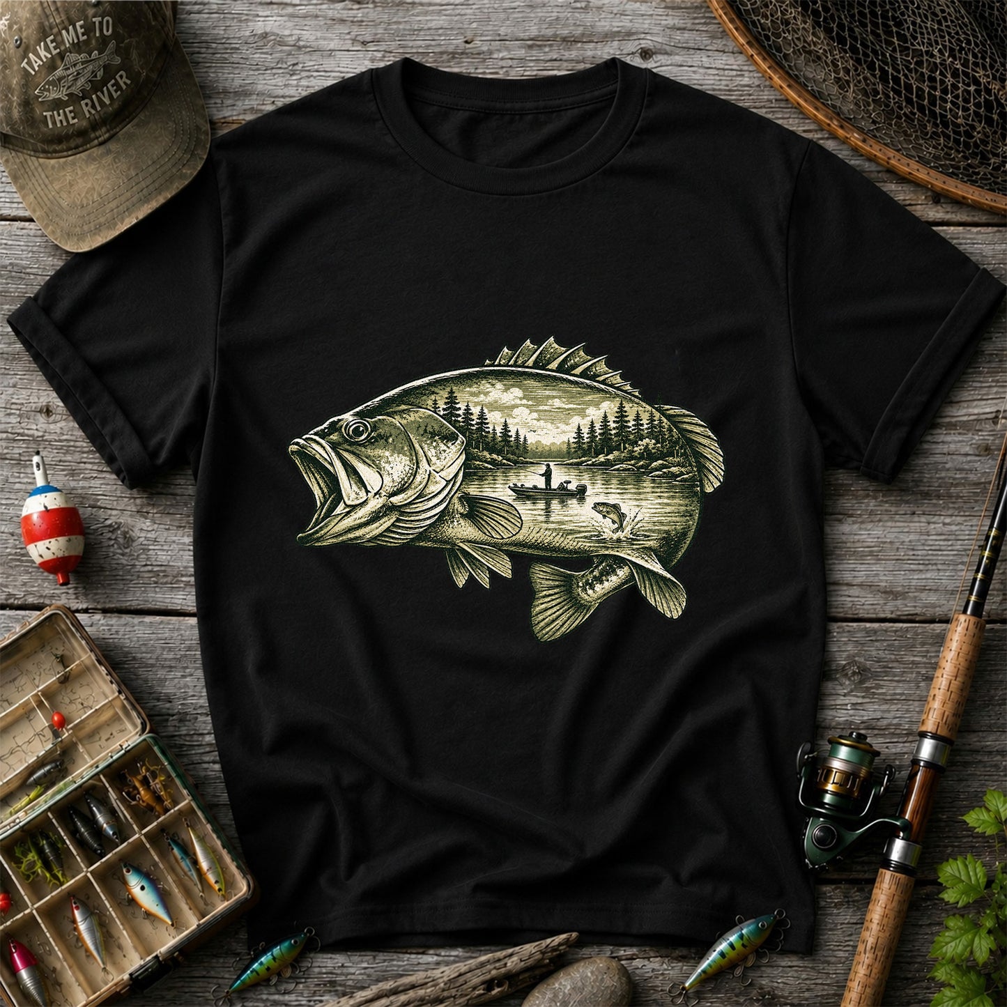 Vintage Bass Lake Fishing Scene Graphic T-Shirt