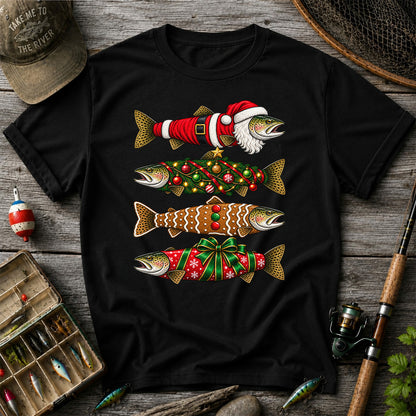 Festive Christmas Trout Santa and Gingerbread Fishing T-Shirt