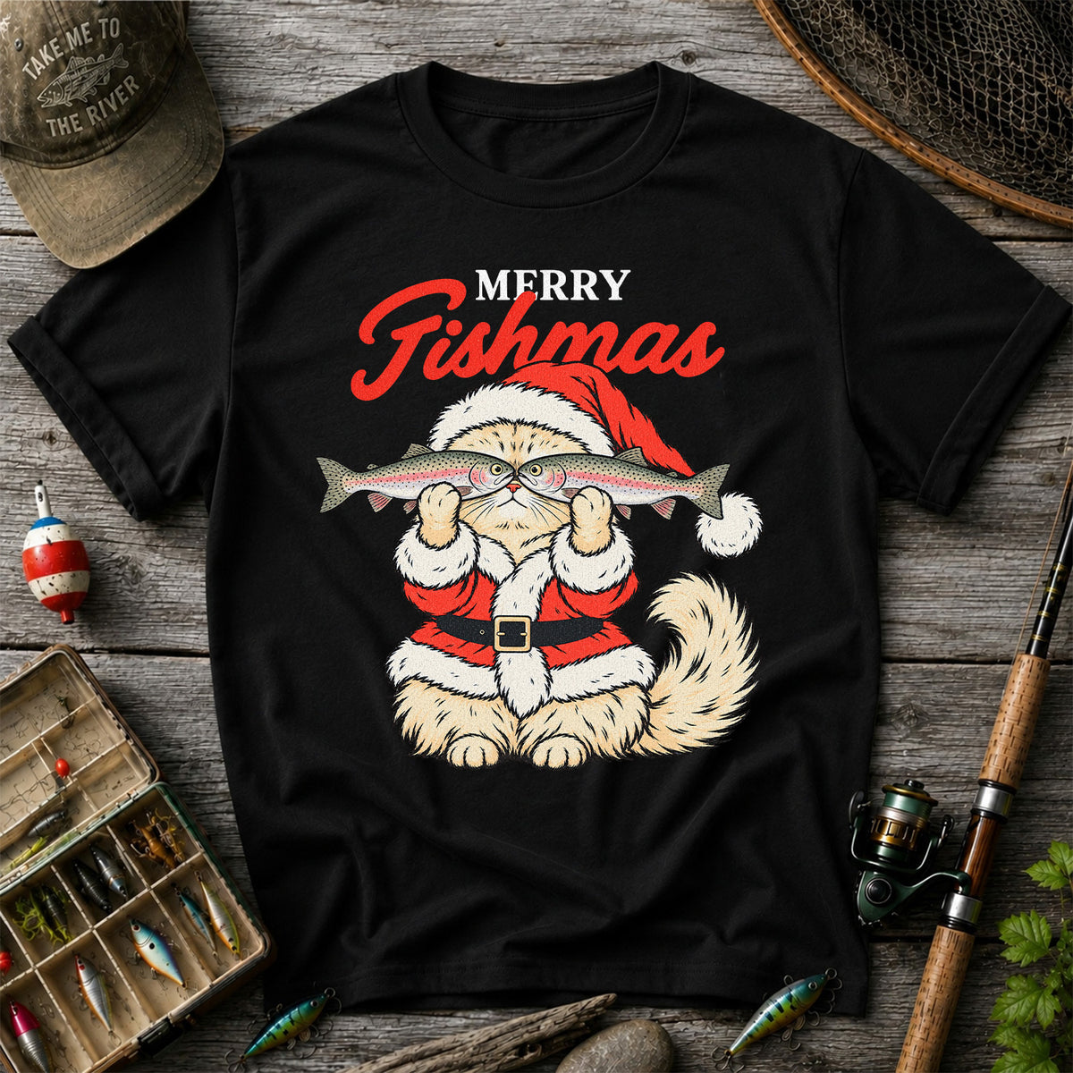 Santa Cat Holding Trout Merry Christmas Fishing T-Shirt