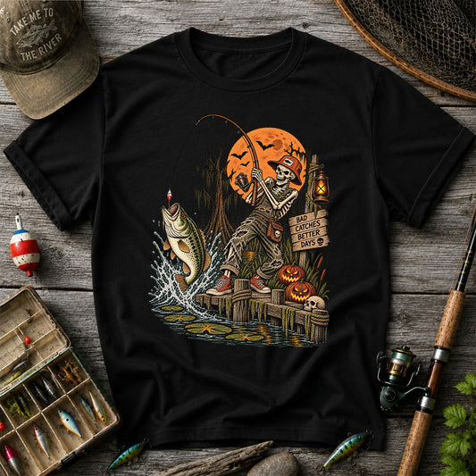 Bad Catches Better Days Skeleton and Bass Halloween Fishing T-Shirt