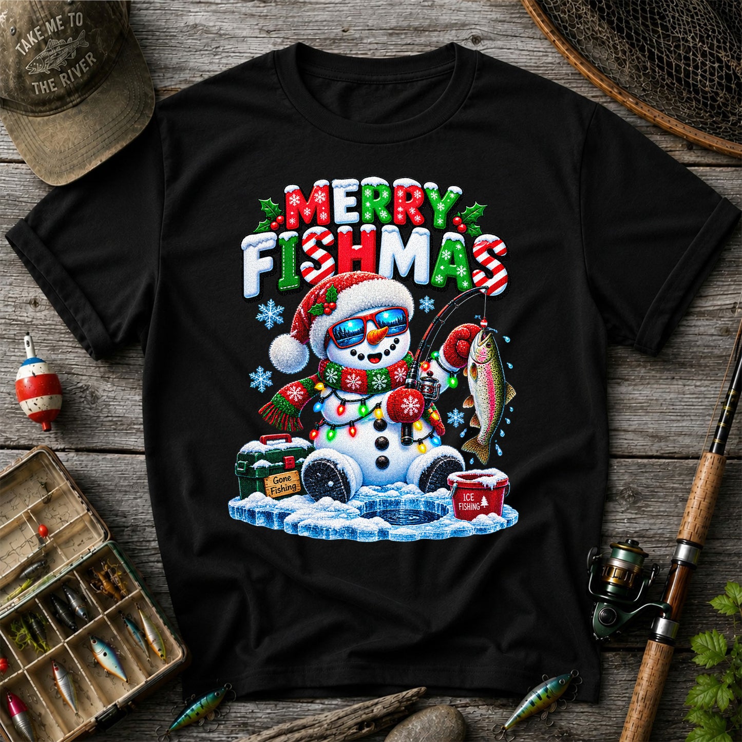 Merry Fishmas Gone Fishing Snowman and Rainbow Trout Ice Fishing Christmas T-Shirt