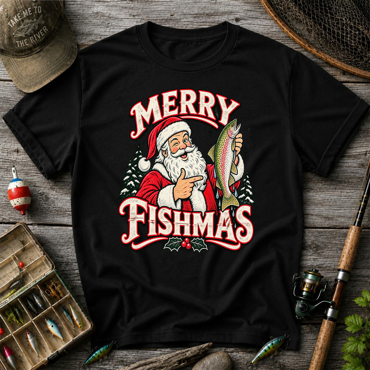 Merry Fishmas Santa Holding Rainbow Trout Christmas Fishing T-Shirt