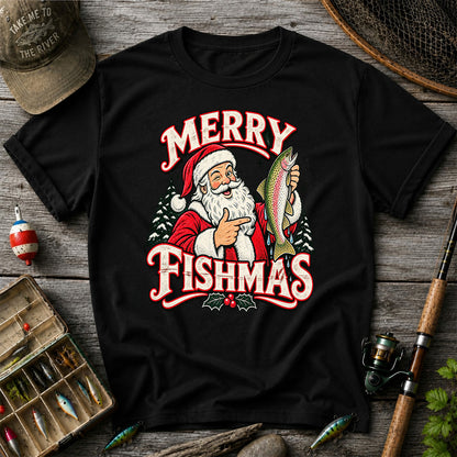 Merry Fishmas Santa Holding Rainbow Trout Christmas Fishing T-Shirt