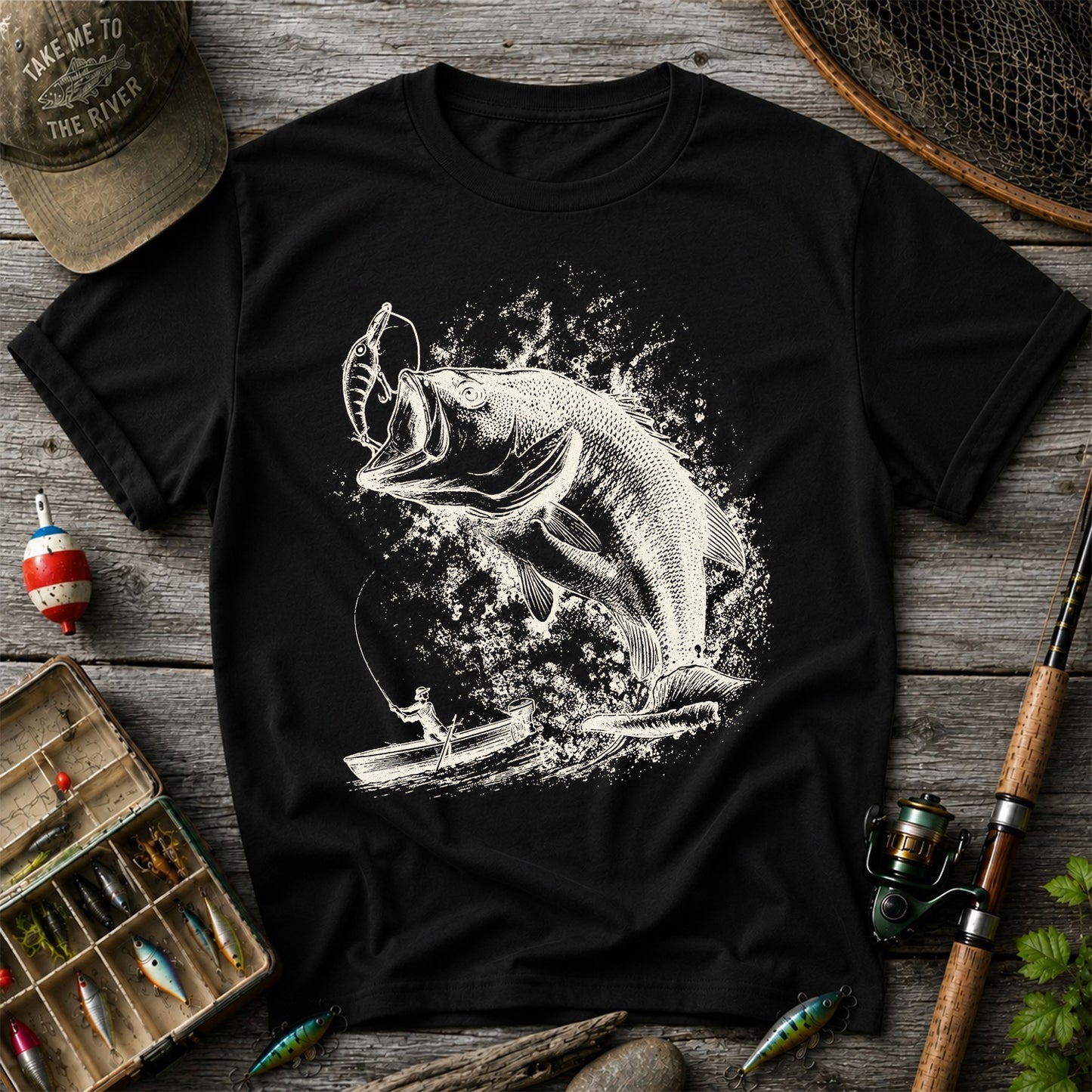 Largemouth Bass Striking Lure from Fishing Boat Graphic T-Shirt