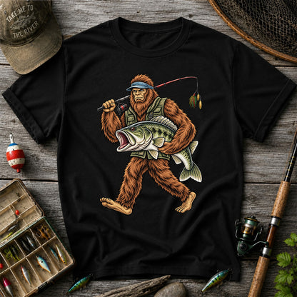 Bigfoot Holding a Largemouth Bass Fishing Graphic T-Shirt