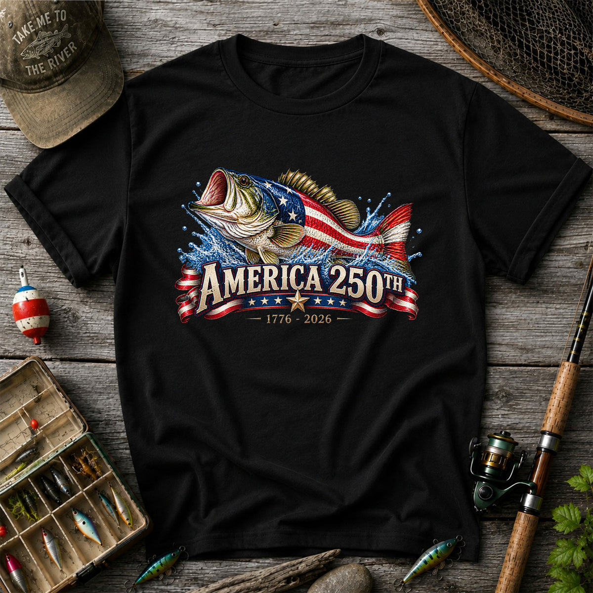 America 250th 1776–2026 American Flag Bass Fishing T-Shirt