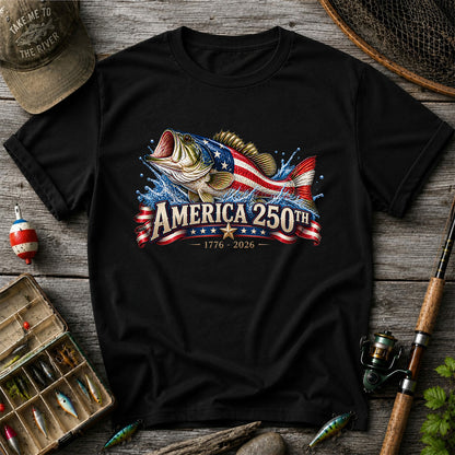 America 250th 1776–2026 American Flag Bass Fishing T-Shirt