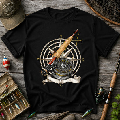 Vintage Fly Fishing Rod Reel and Compass Graphic T-Shirt