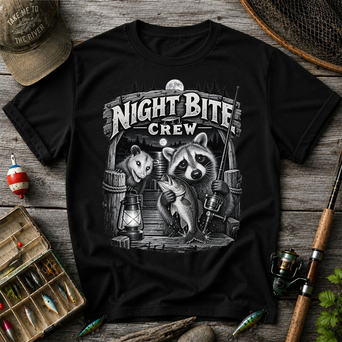 Night Bite Crew Raccoon and Bass Fishing Graphic T-Shirt