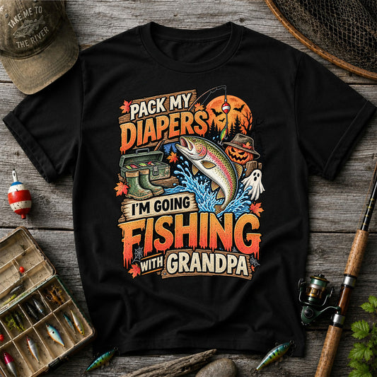 Pack My Diapers I'm Going Fishing With Grandpa Halloween Rainbow Trout T-Shirt