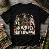 Hooked for Halloween Skeleton Angler with Bass and Trout Fishing T-Shirt
