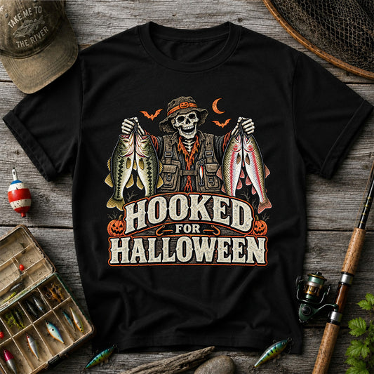 Hooked for Halloween Skeleton Angler with Bass and Trout Fishing T-Shirt