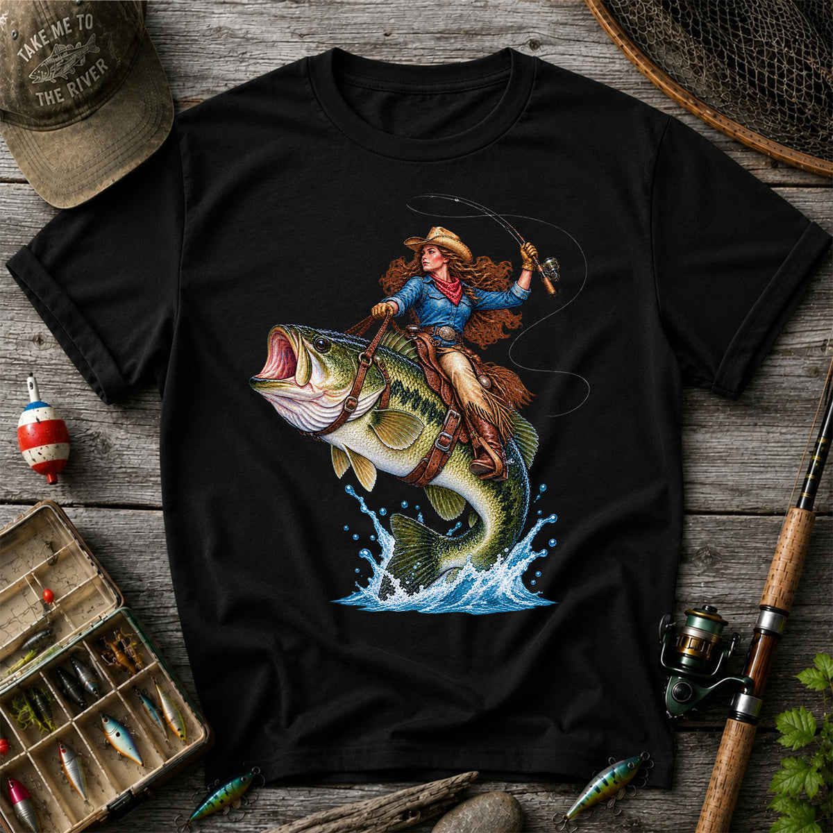 Cowgirl Riding a Largemouth Bass Fishing Graphic T-Shirt