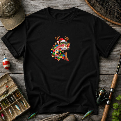 Christmas Rainbow Trout with Santa Hat, Antlers and Holiday Lights Fishing T-Shirt