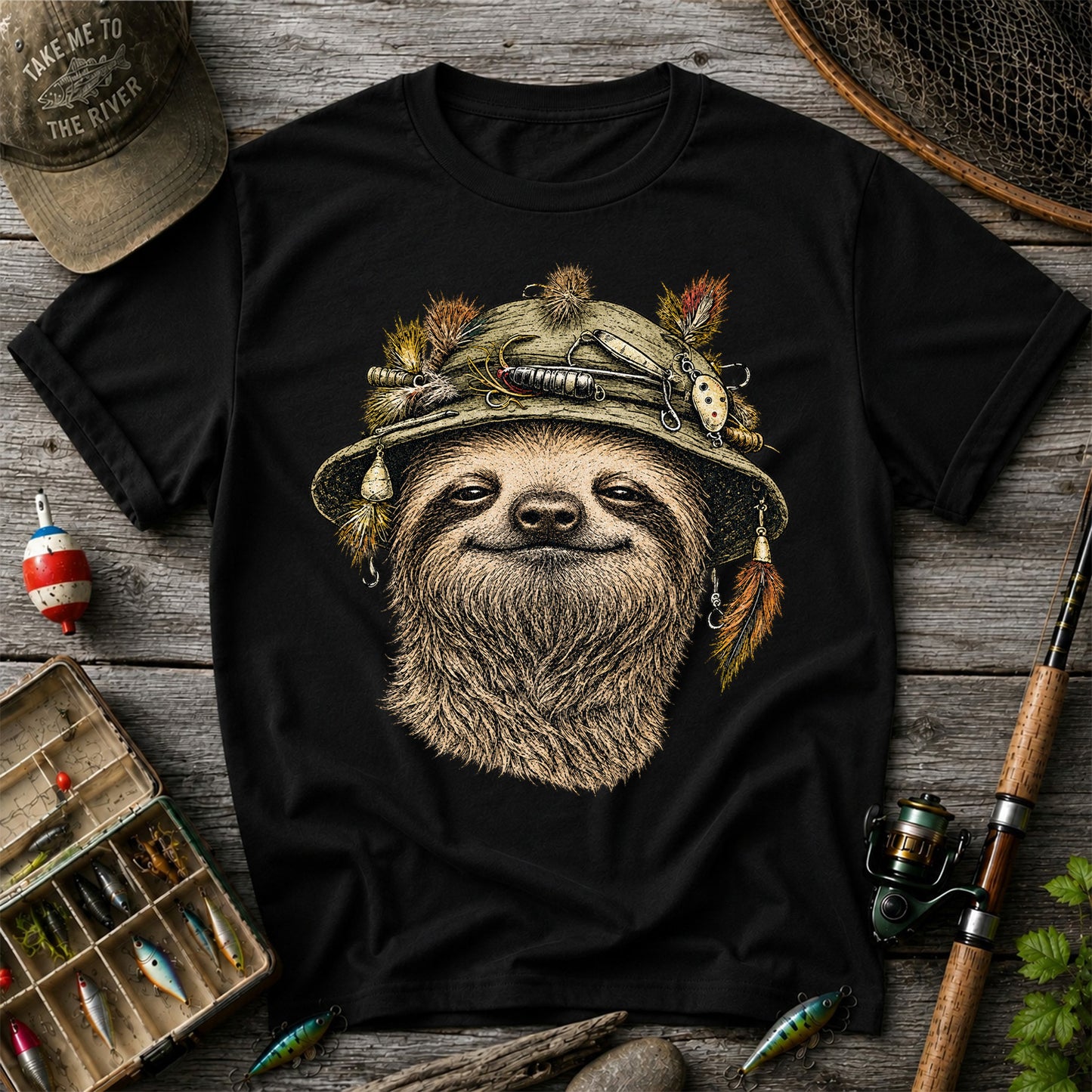 Sloth Wearing a Fishing Lure Hat Hand-Drawn Graphic T-Shirt