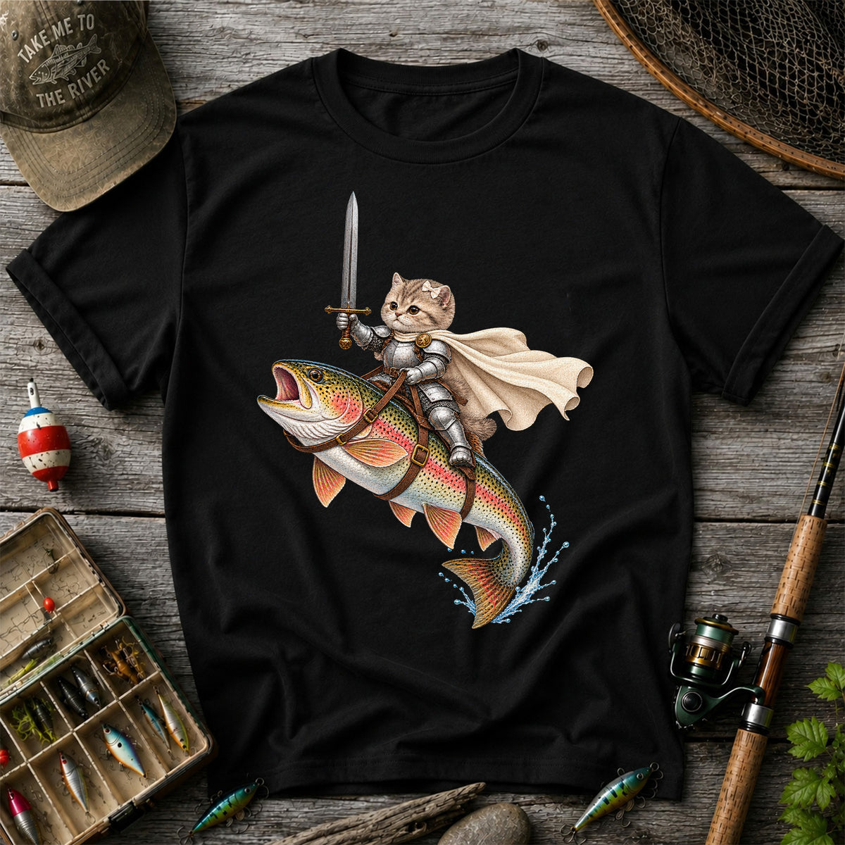 Cat Knight Riding a Rainbow Trout Fishing Graphic T-Shirt