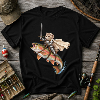 Cat Knight Riding a Rainbow Trout Fishing Graphic T-Shirt