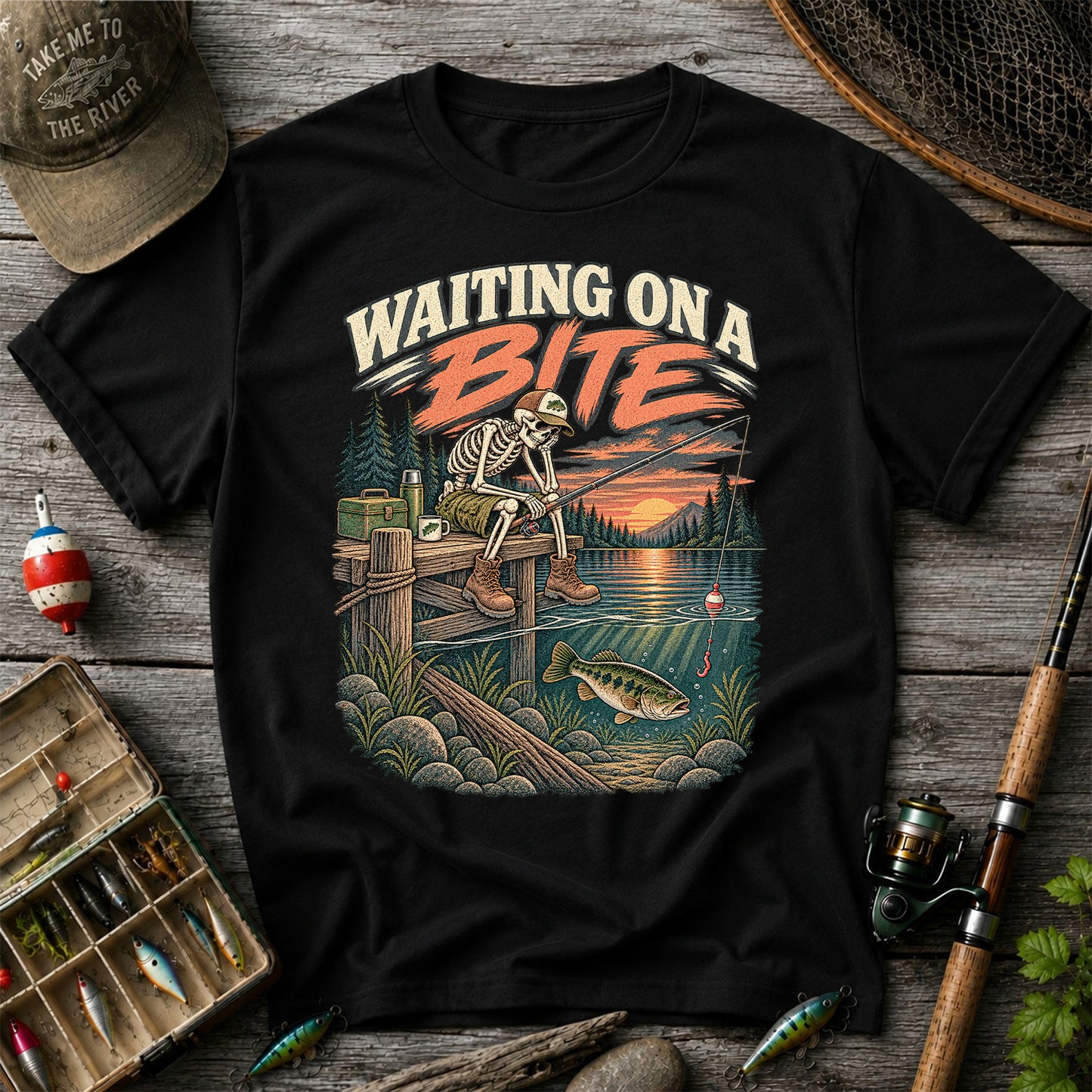 Waiting on a Bite Skeleton Bass Fishing Graphic T-Shirt