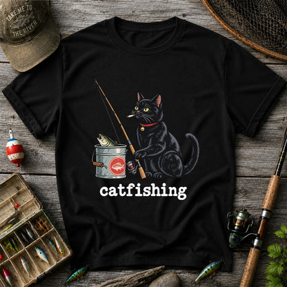 Catfishing Funny Black Cat with Fishing Rod Graphic T-Shirt