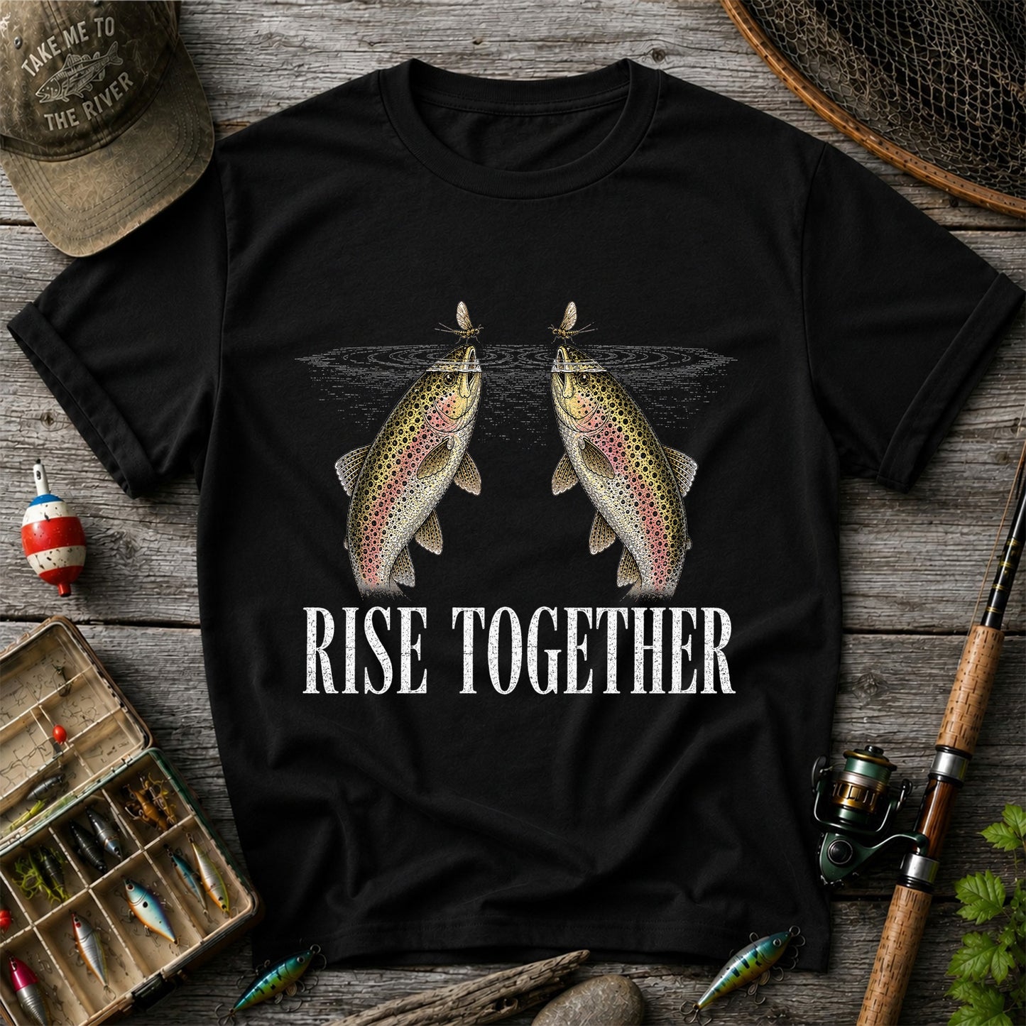 Rise Together Twin Trout and Mayfly Fishing Graphic T-Shirt