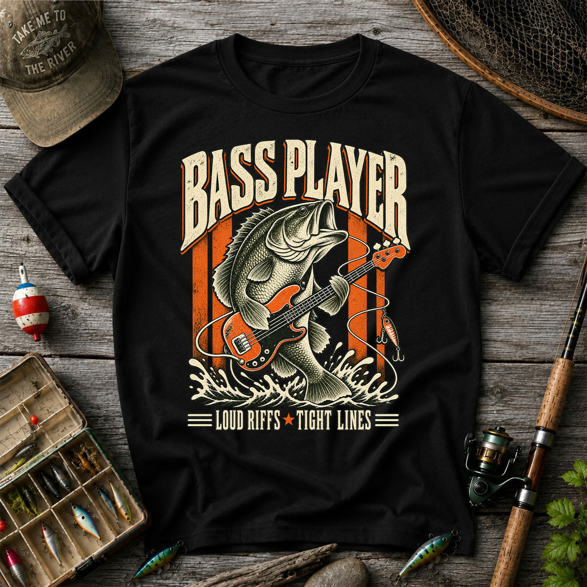 Bass Playing Guitar Vintage Fishing Graphic T-Shirt