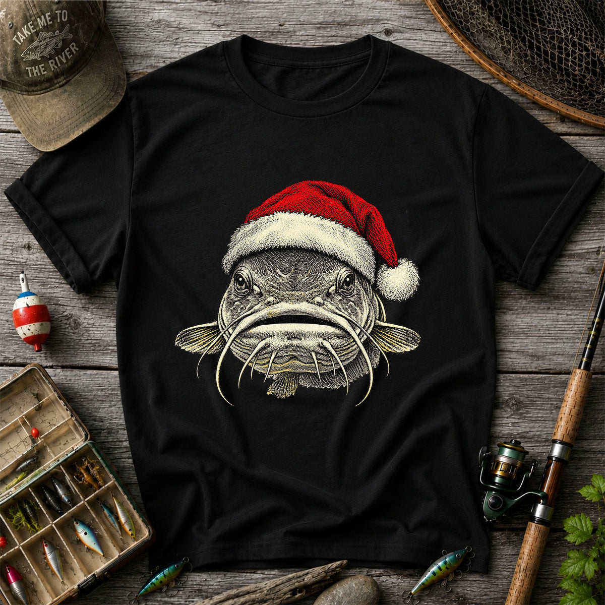 Christmas Catfish Santa Hat Holiday Fishing Graphic T-Shirt