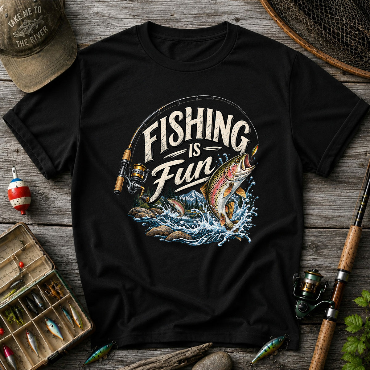 Fishing Is Fun Rainbow Trout and Mountain Graphic T-Shirt