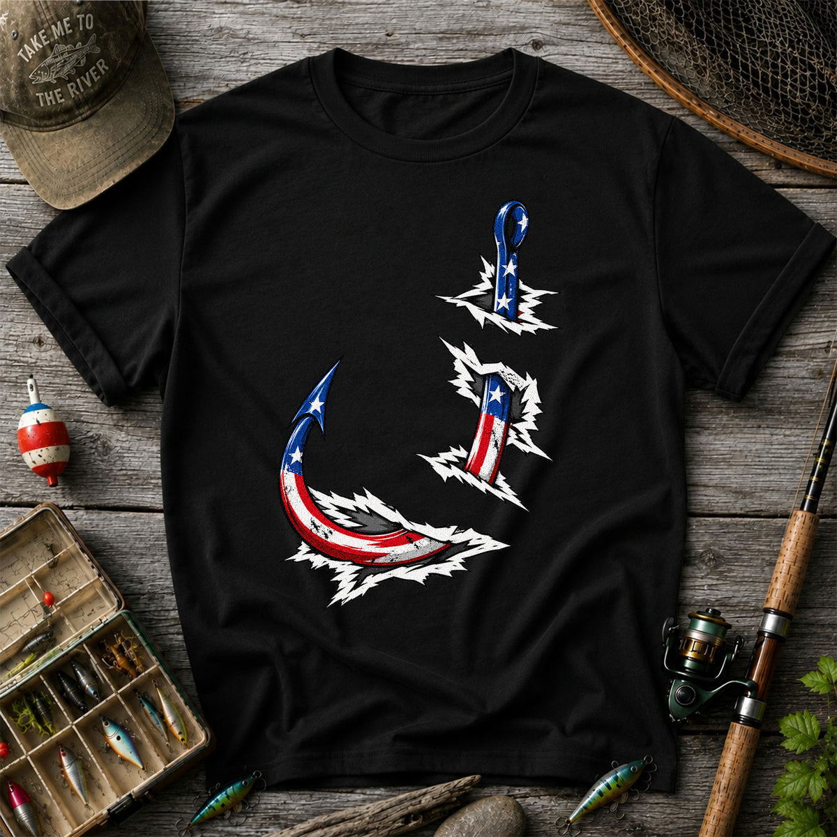 Patriotic American Flag Fishing Hooks Graphic T-Shirt