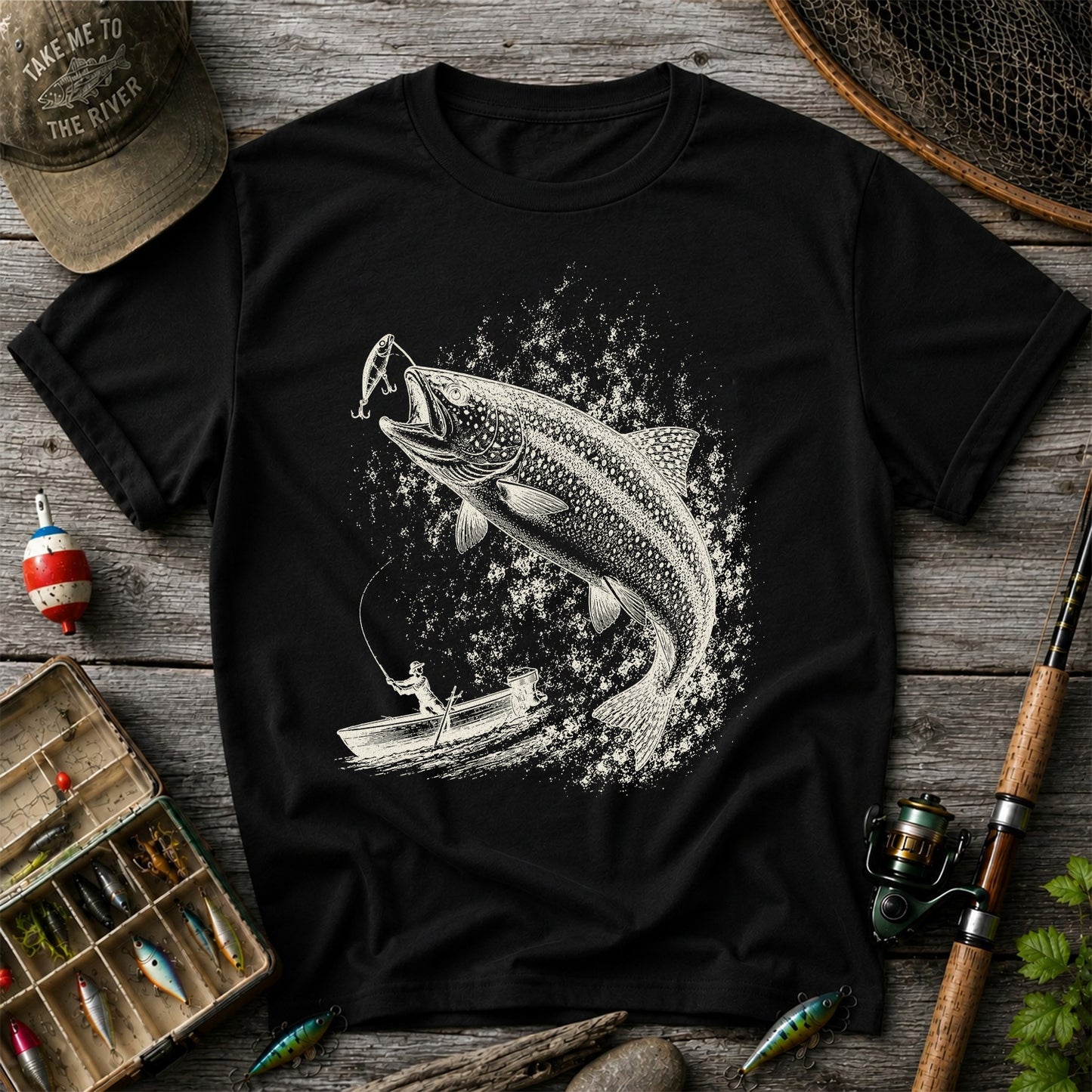 Leaping Trout Striking Lure from Fishing Boat Graphic T-Shirt