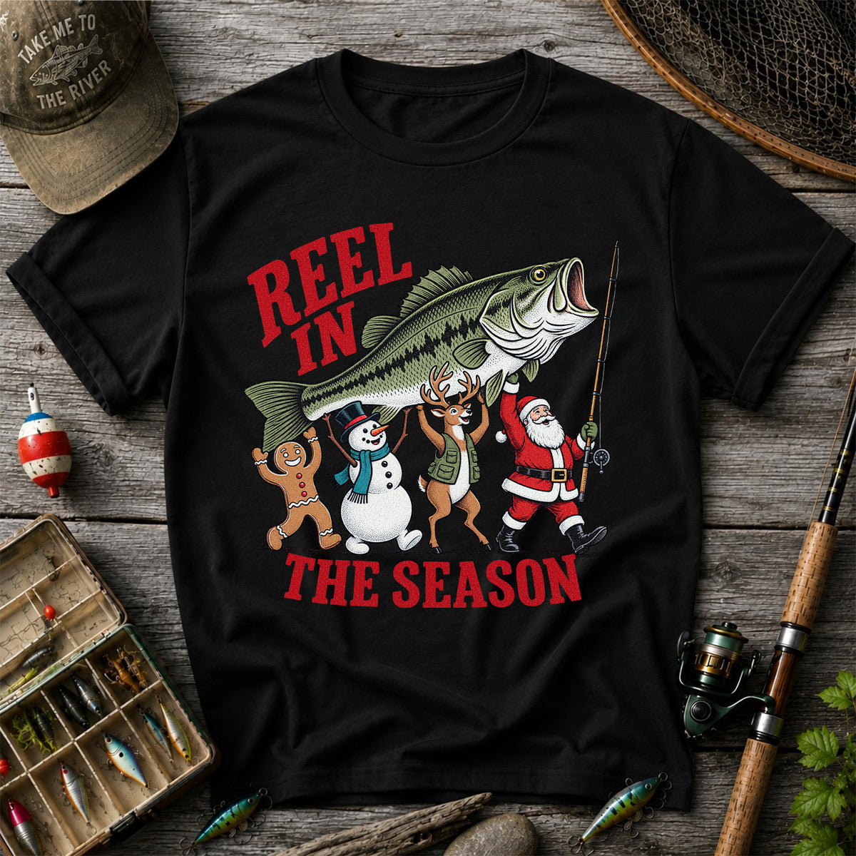Reel in the Season Bass Christmas Fishing Graphic T-Shirt