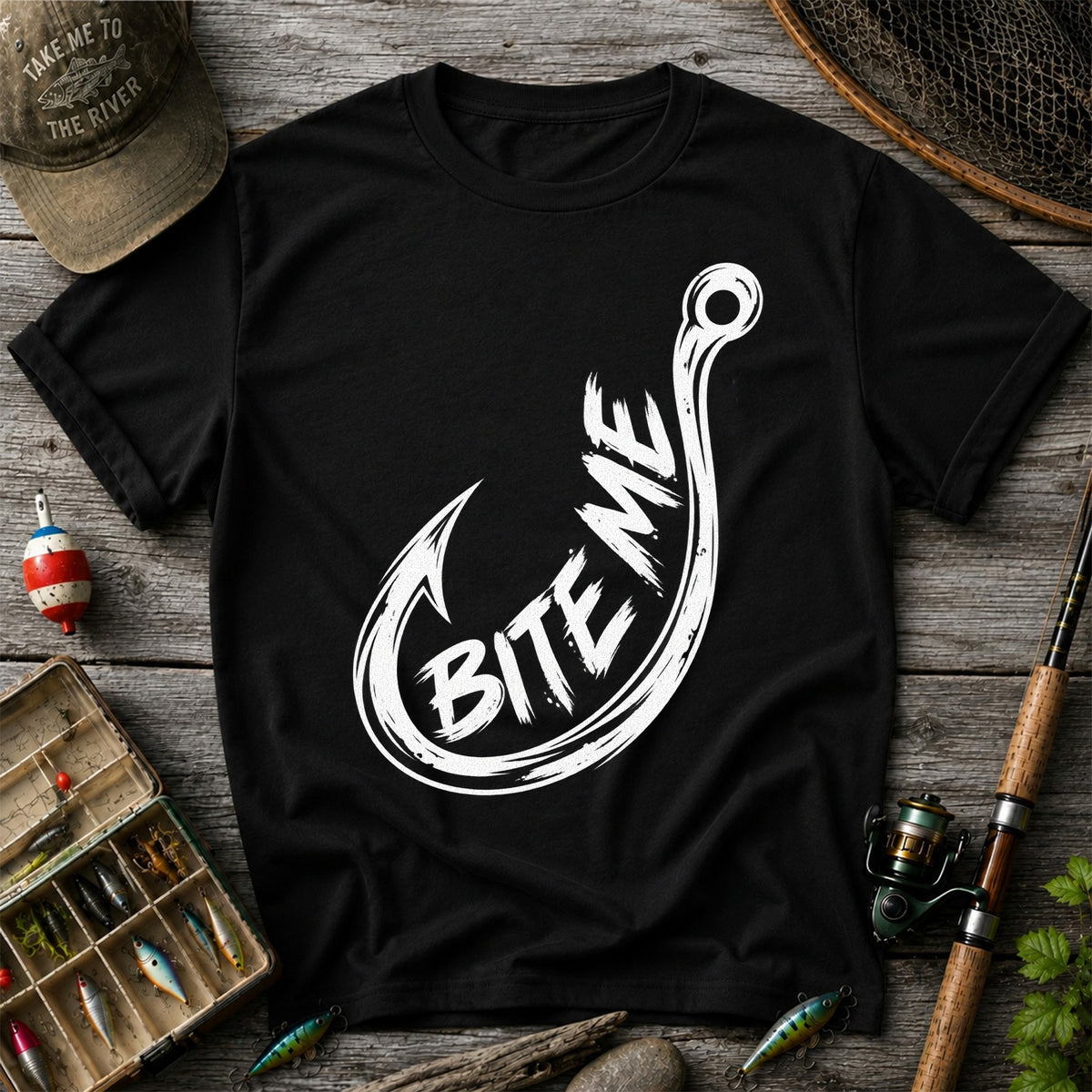 Bite Me Fishing Hook Funny Angler Graphic T-Shirt