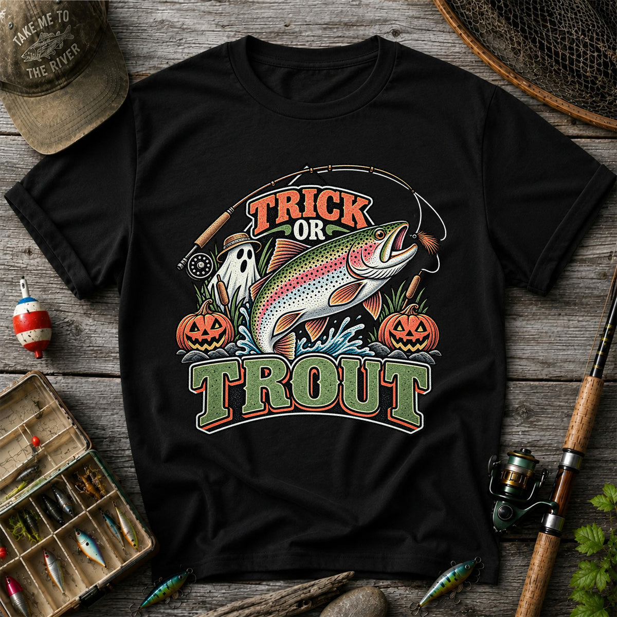 Trick or Trout Rainbow Trout Ghost and Pumpkins Halloween Fishing T-Shirt
