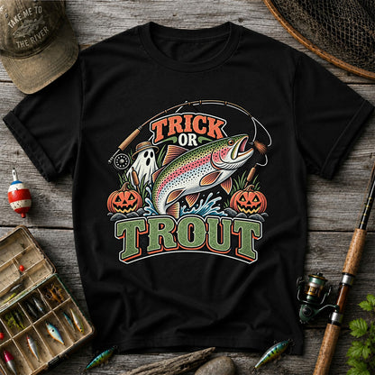 Trick or Trout Rainbow Trout Ghost and Pumpkins Halloween Fishing T-Shirt