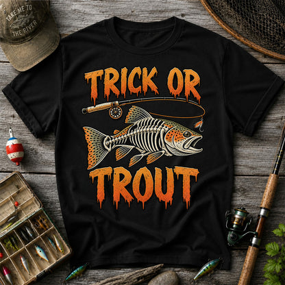 Trick or Trout Skeleton Trout Halloween Fly Fishing T-Shirt