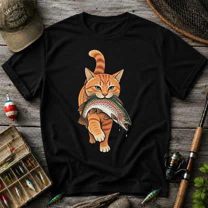 Cat Holding Trout Funny Fishing Graphic T-Shirt