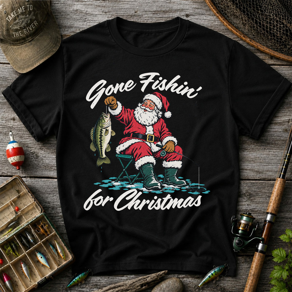 Santa Fishing with Bass Christmas Graphic T-Shirt
