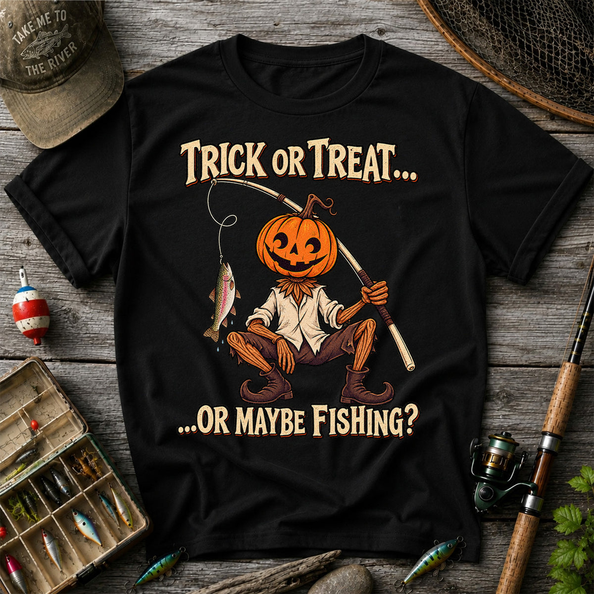 Trick or Treat Or Maybe Fishing Pumpkin Angler with Trout Halloween T-Shirt