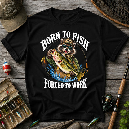 Born to Fish Forced to Work Raccoon Bass Graphic T-Shirt