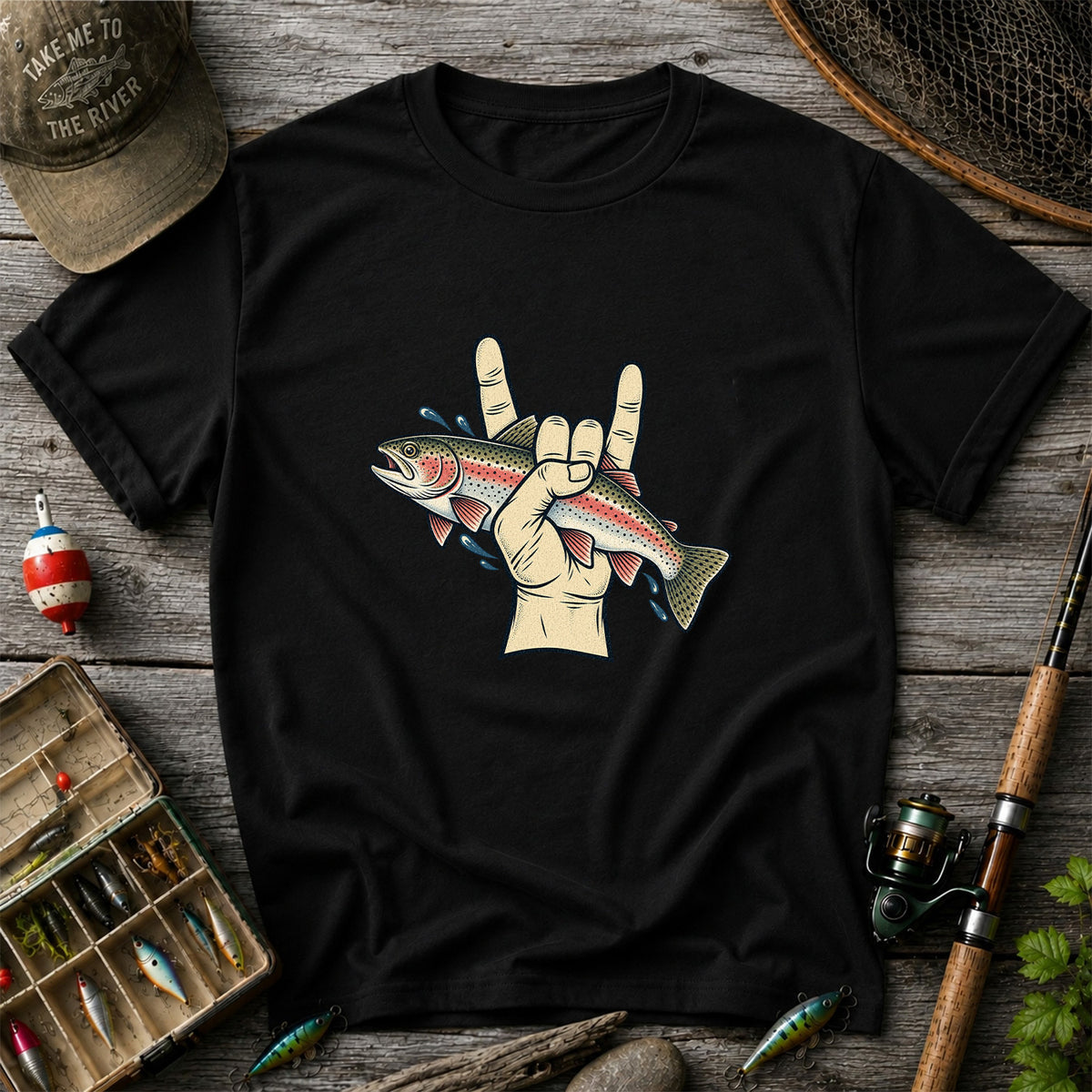 Rainbow Trout Rock On Hand Gesture Fishing Graphic T-Shirt