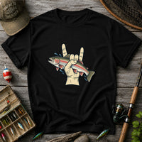 Rainbow Trout Rock On Hand Gesture Fishing Graphic T-Shirt