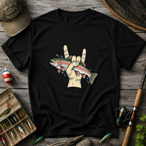 Rainbow Trout Rock On Hand Gesture Fishing Graphic T-Shirt