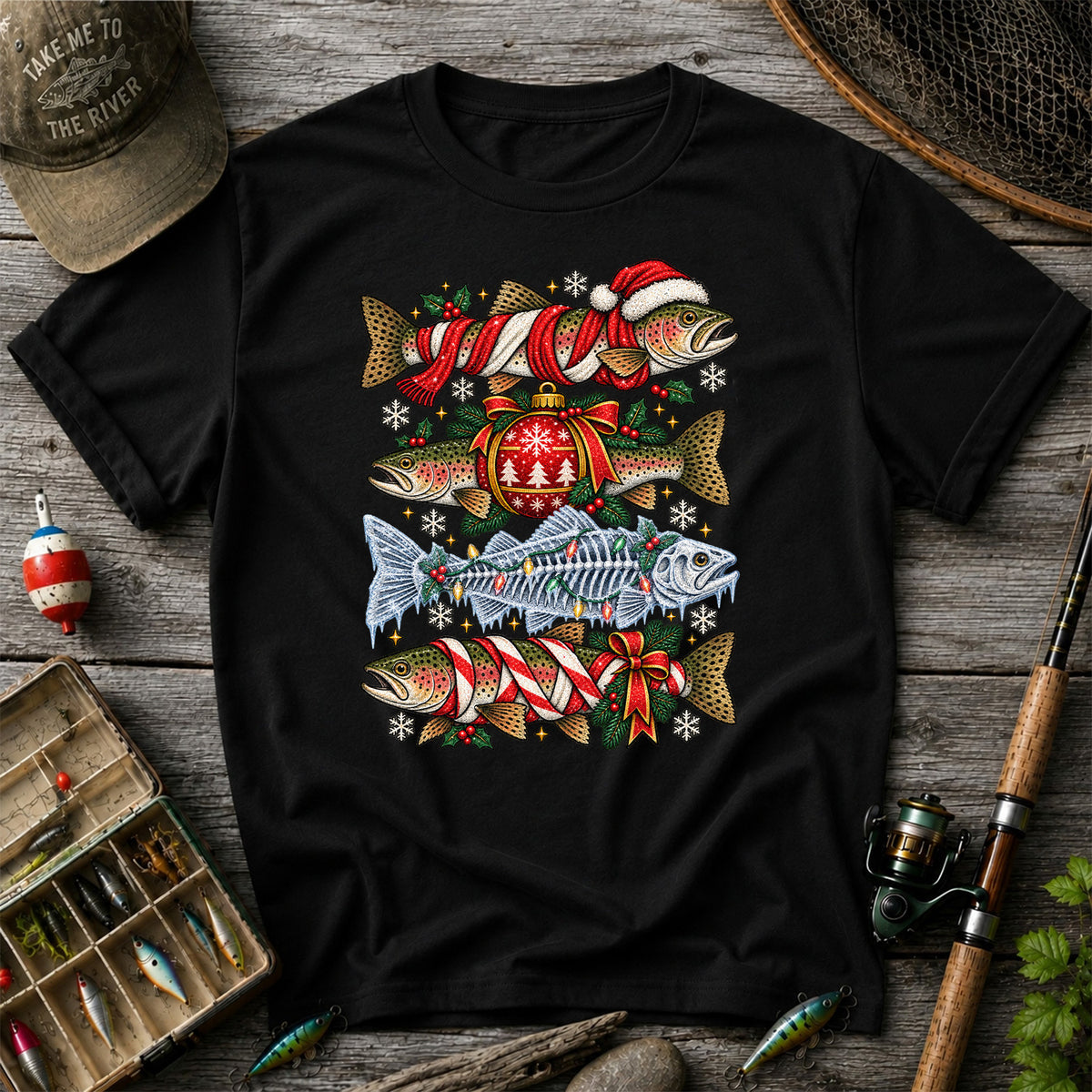 Christmas Rainbow Trout and Fish Skeleton Fishing Graphic T-Shirt