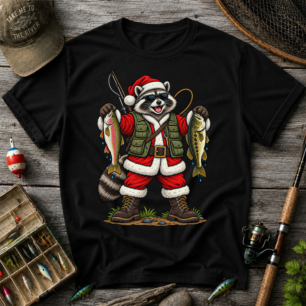 Santa Raccoon Holding Trout and Bass Christmas Fishing T-Shirt