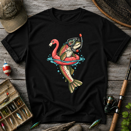 Rainbow Trout Snorkeling in a Flamingo Float Fishing Graphic T-Shirt