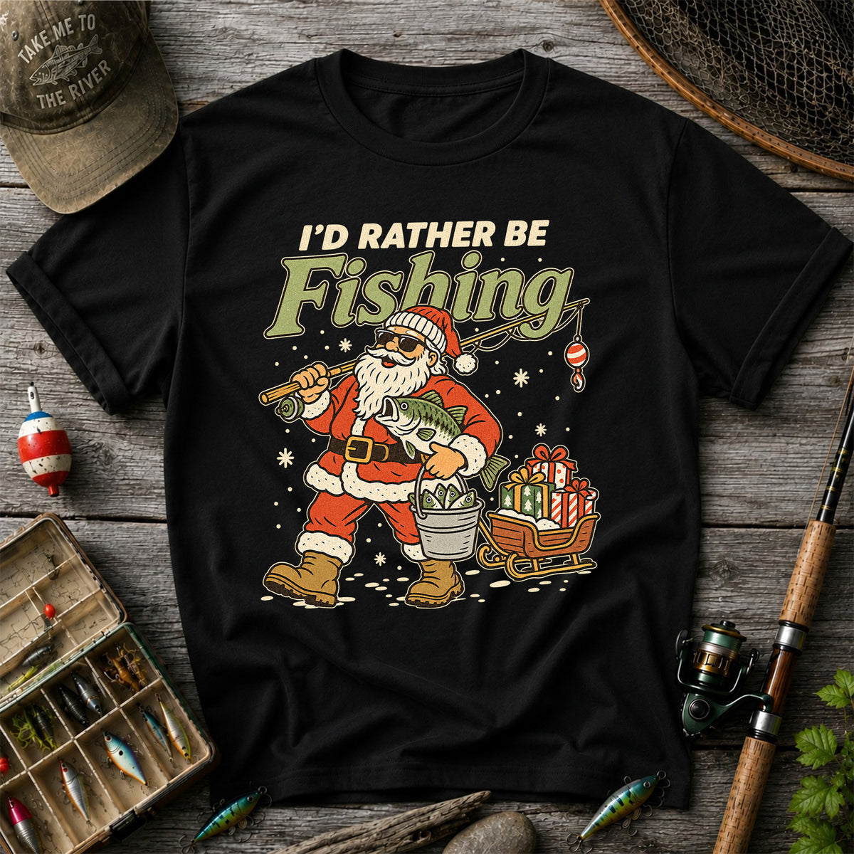 Santa Claus Fishing with Bass Christmas T-Shirt