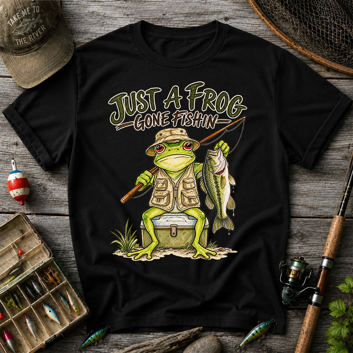 Just a Frog Gone Fishin' Bass Fishing Graphic T-Shirt