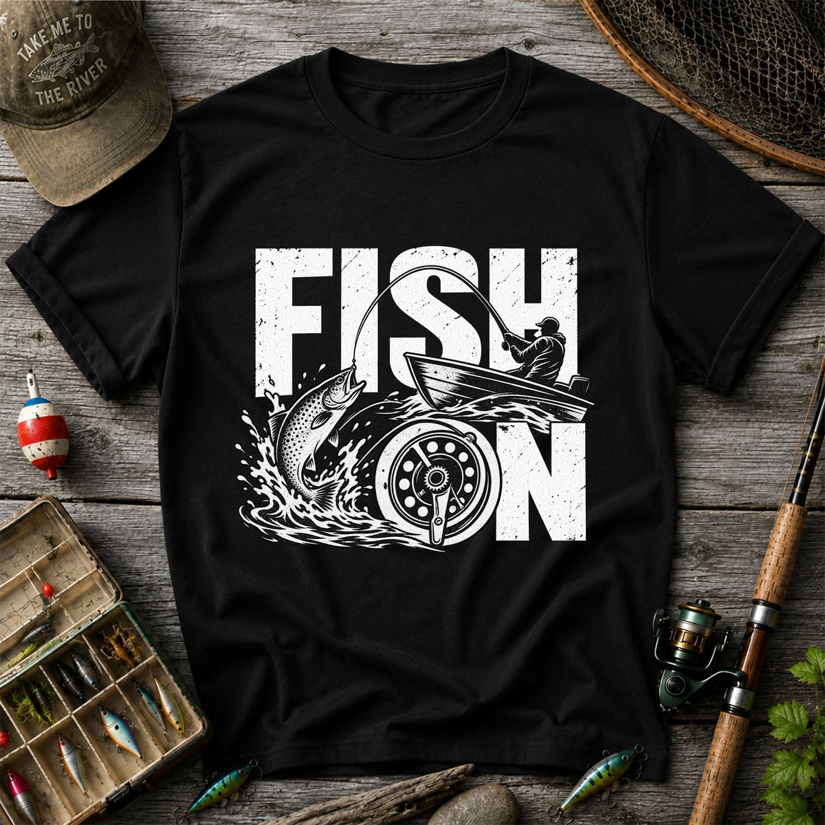 Fish On Jumping Trout and Fishing Boat Graphic T-Shirt