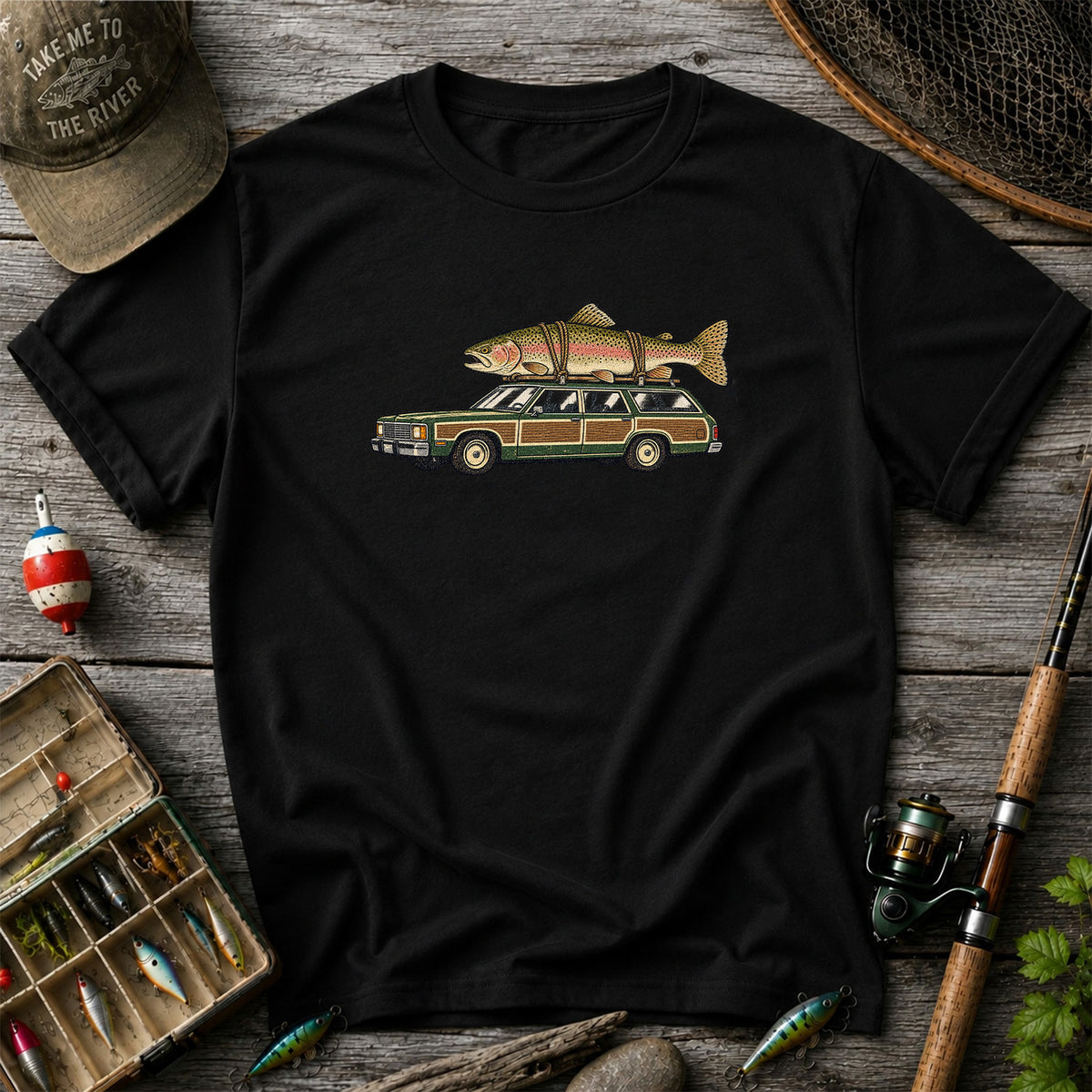 Vintage Station Wagon Carrying Rainbow Trout Fishing T-Shirt