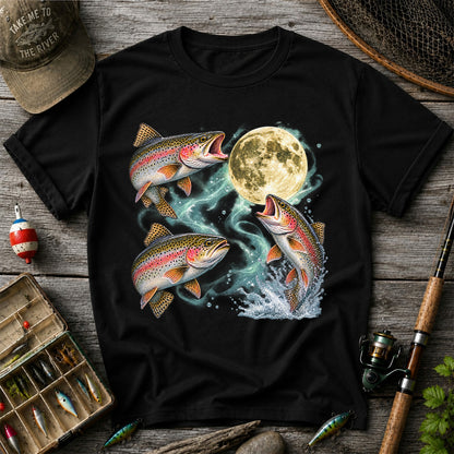 Rainbow Trout Under the Full Moon Fishing Graphic T-Shirt