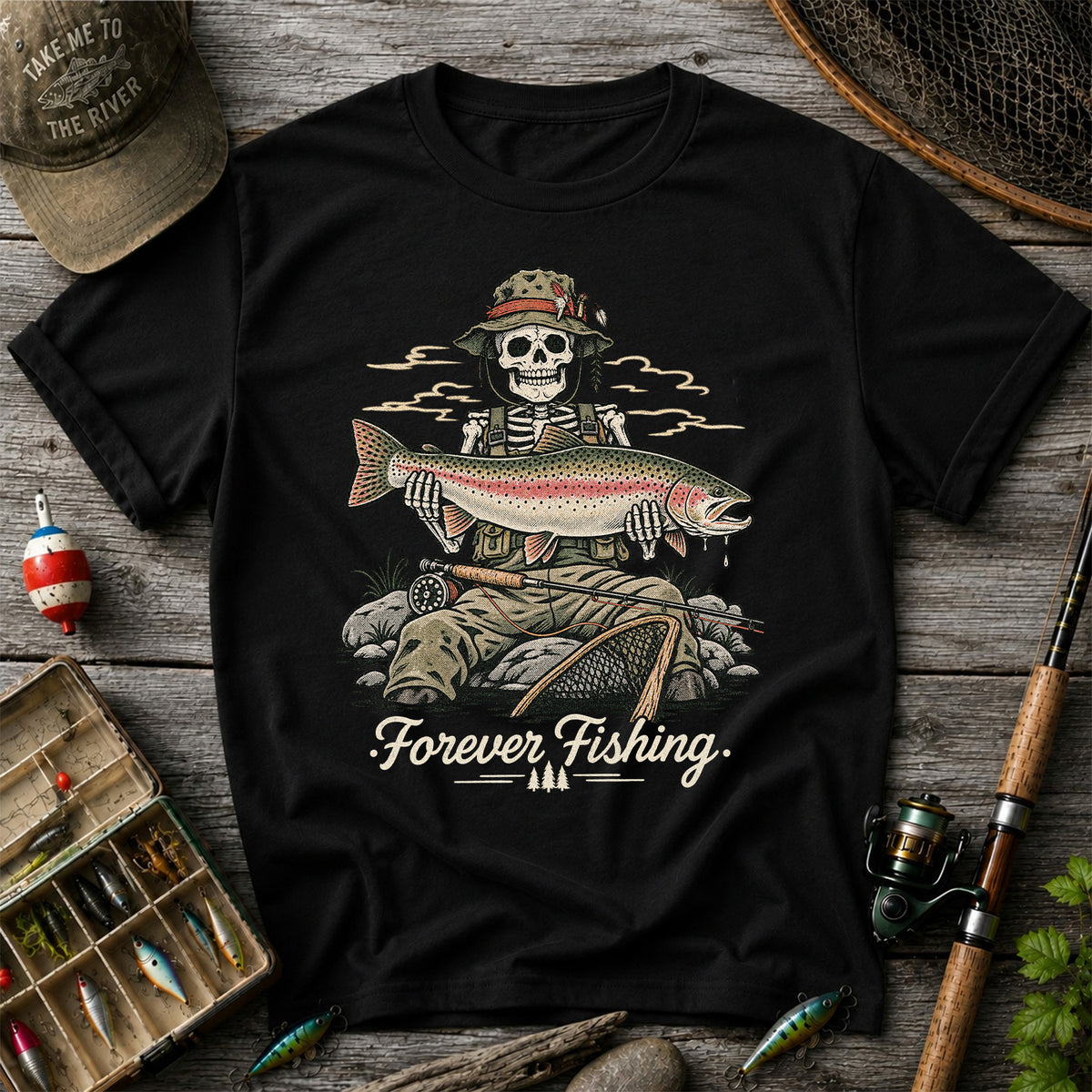 Forever Fishing Skeleton Holding Rainbow Trout Graphic T-Shirt